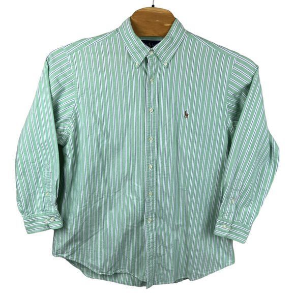 Ralph Lauren Mens Green Striped Custom Fit Long Sleeve Button Down Shirt Neck 17 - Picture 1 of 5